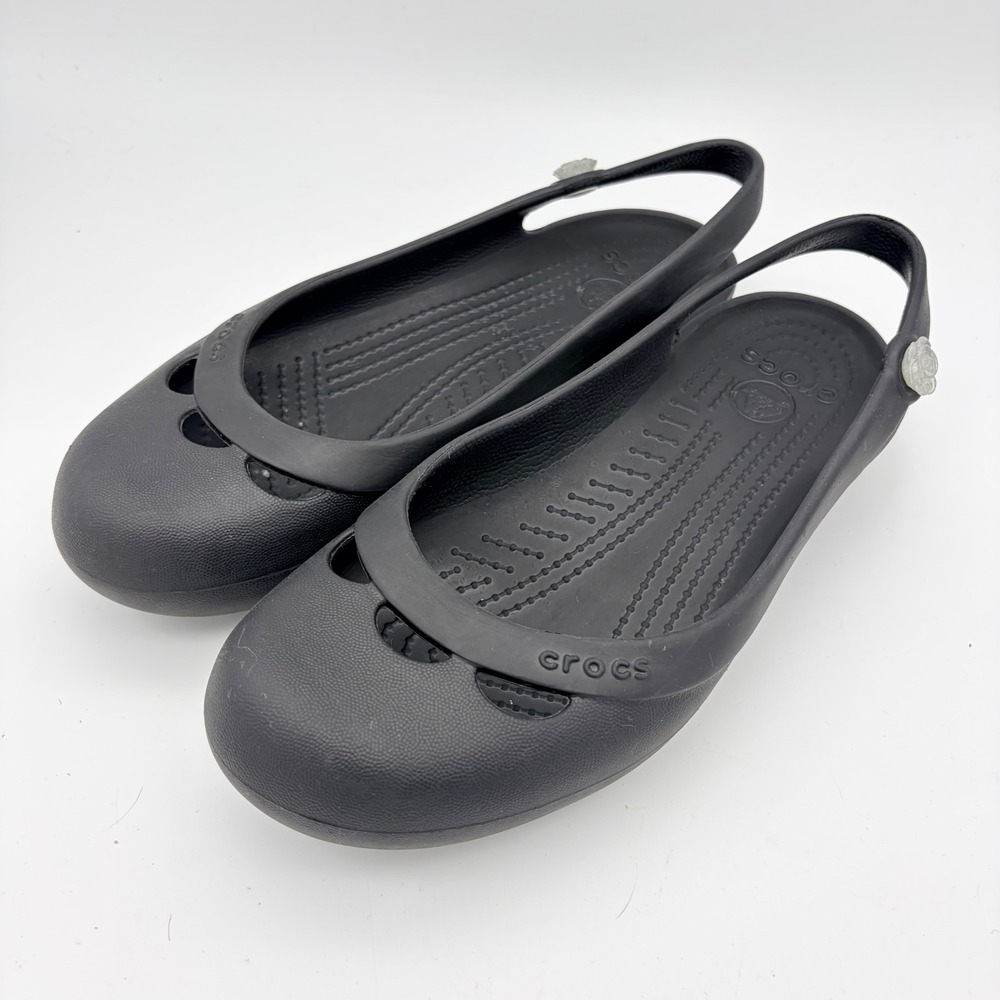 Crocs Jayna Slingback Black Ballet Flats Floral Charm Womens 8 Comfort Slip On